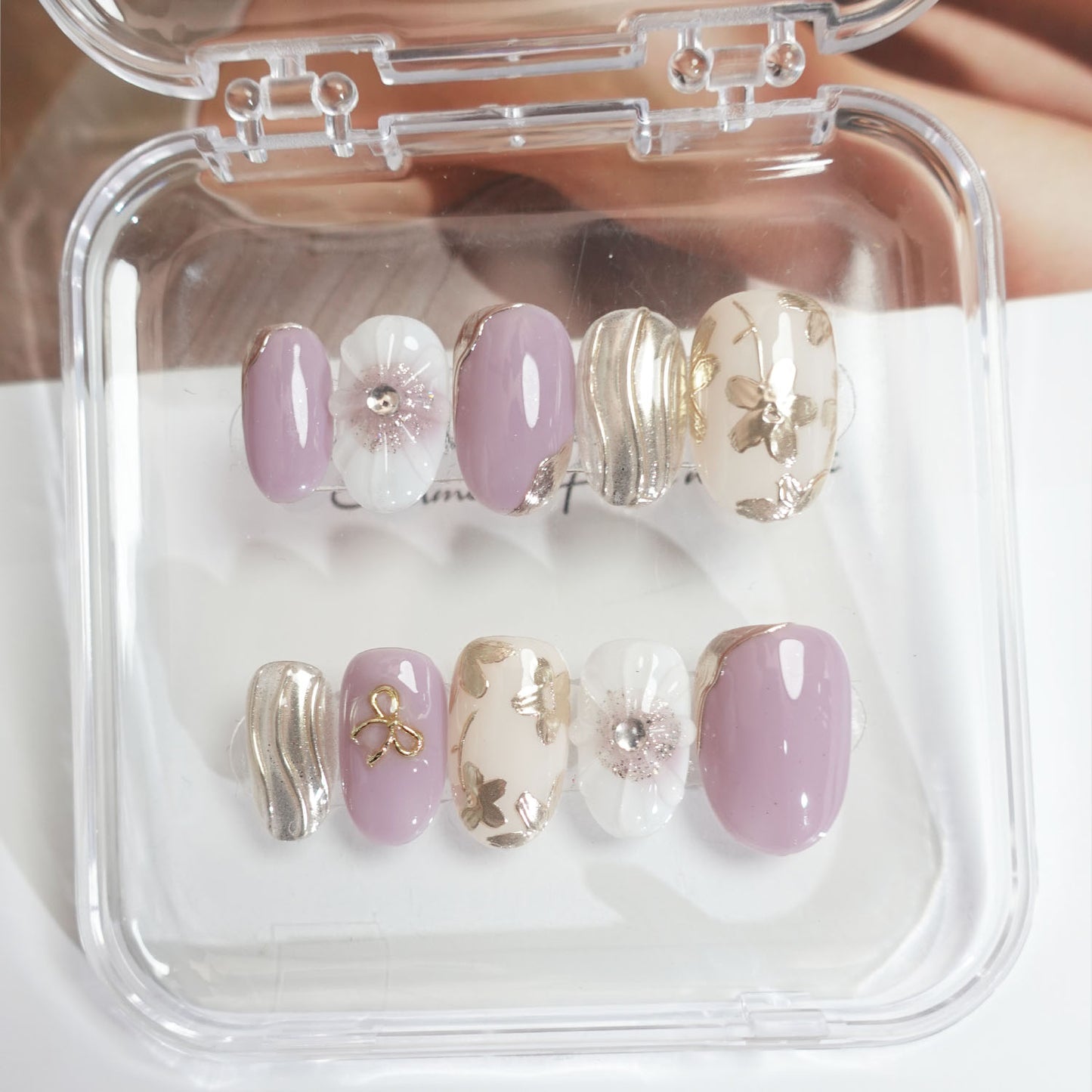 C10 Short Oval Shape Flowers Design Press on Nails+tool kit