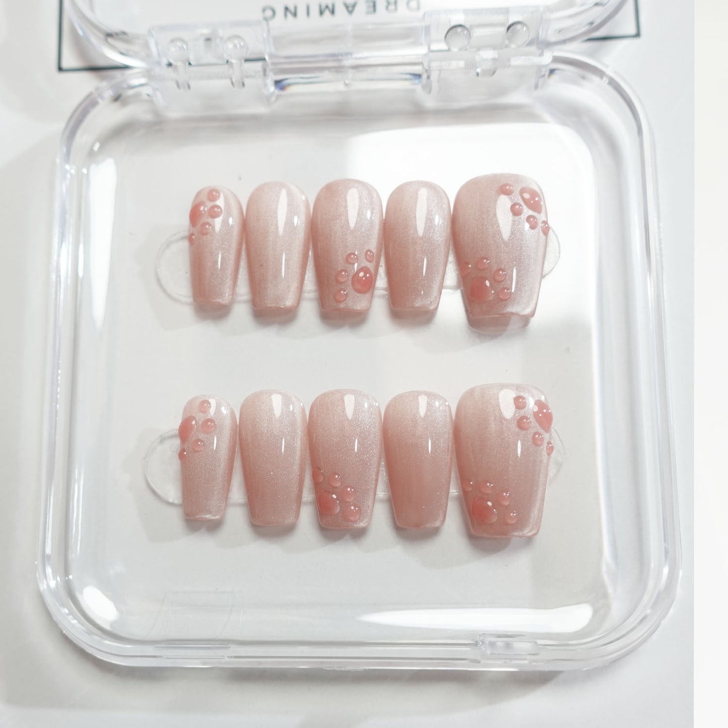 C24 Pink Cat Eye Paws Short Coffin Handmade Press on Nails