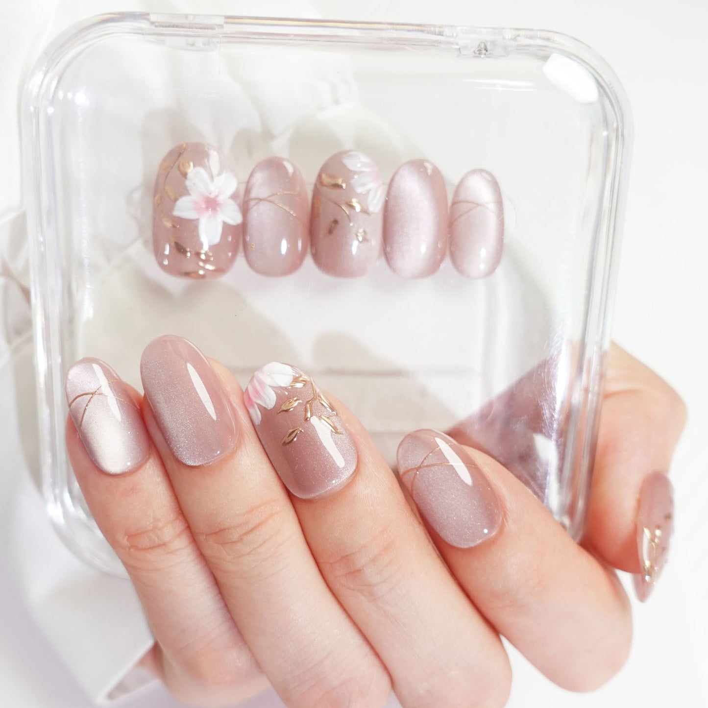 C29 Short Oval Shape Flowers Design Press On False Nails