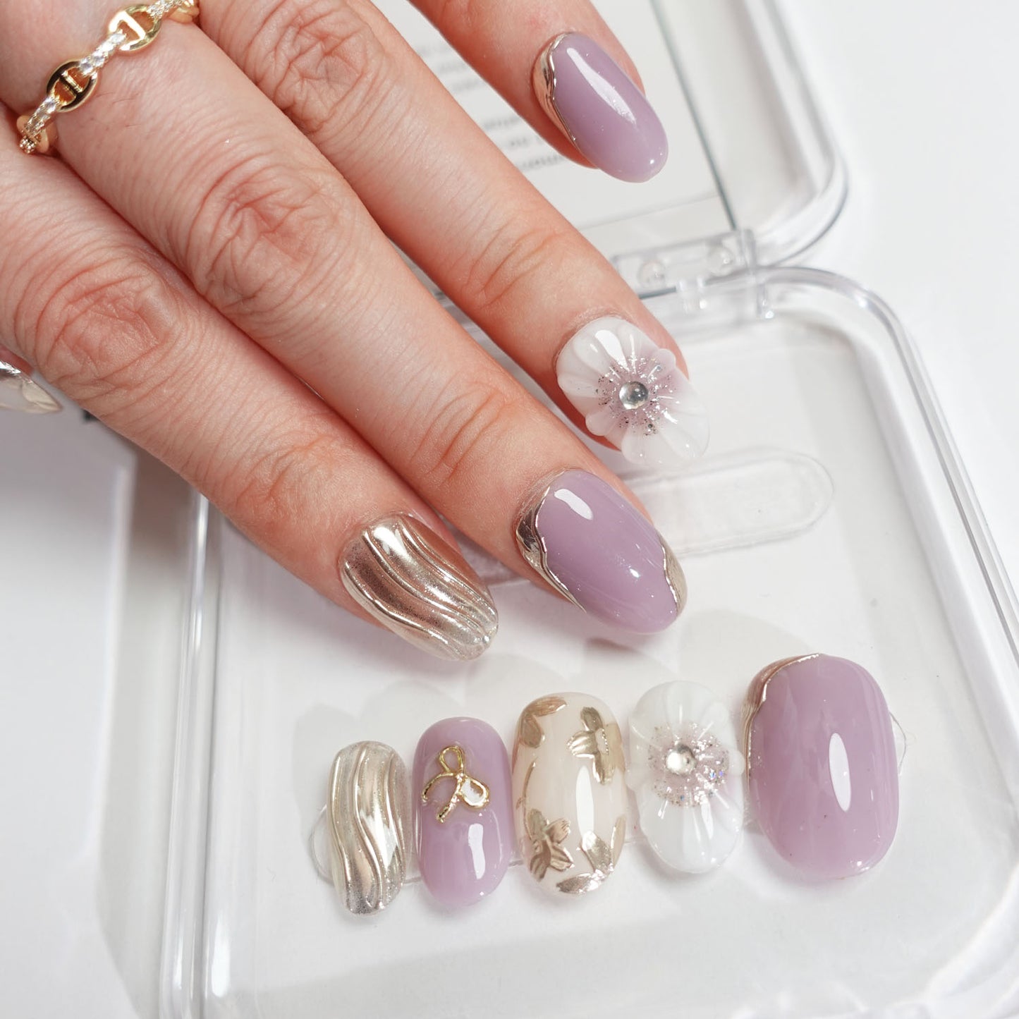 C10 Short Oval Shape Flowers Design Press on Nails+tool kit