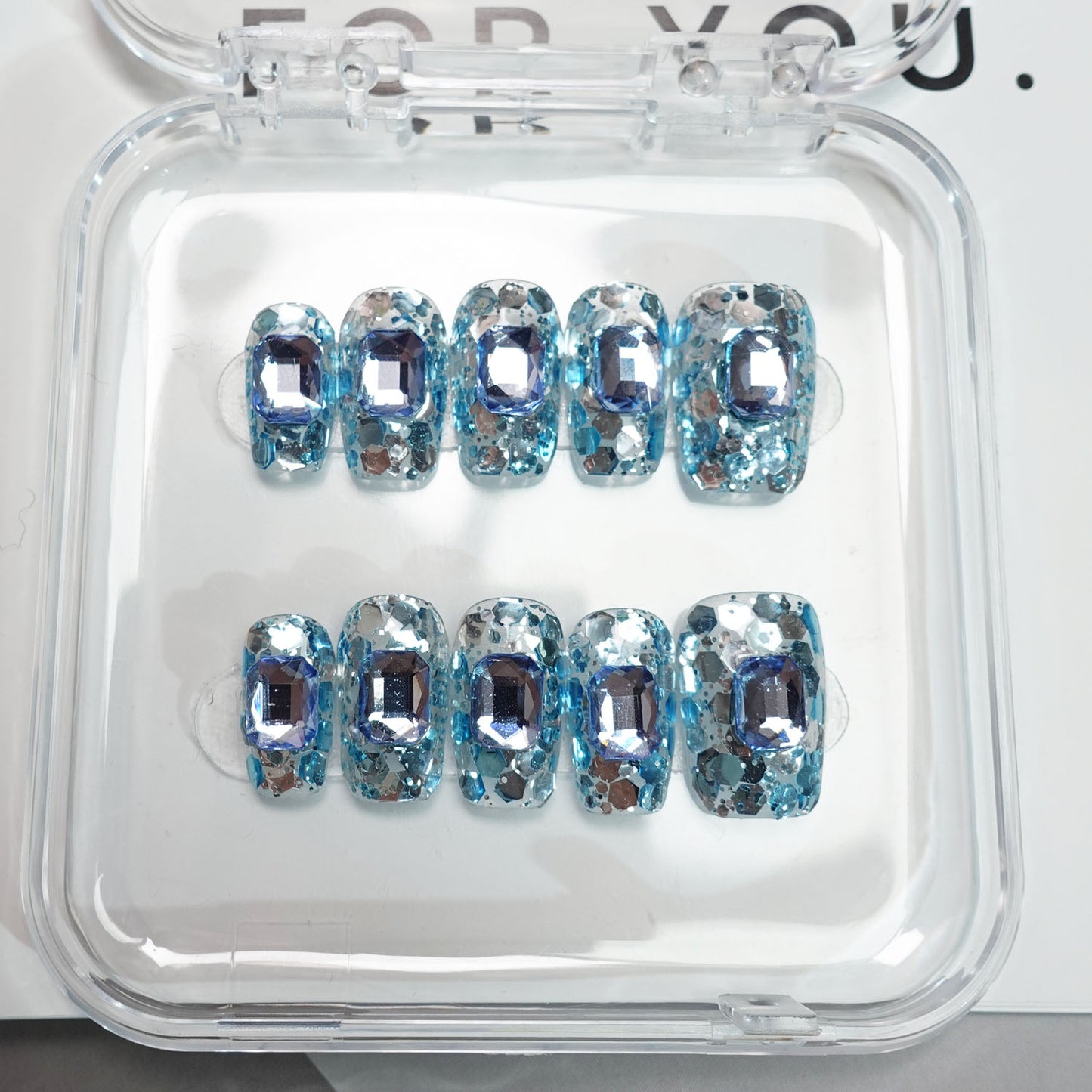 A37 Shiny Short Coffin Blue Color Press on Nails