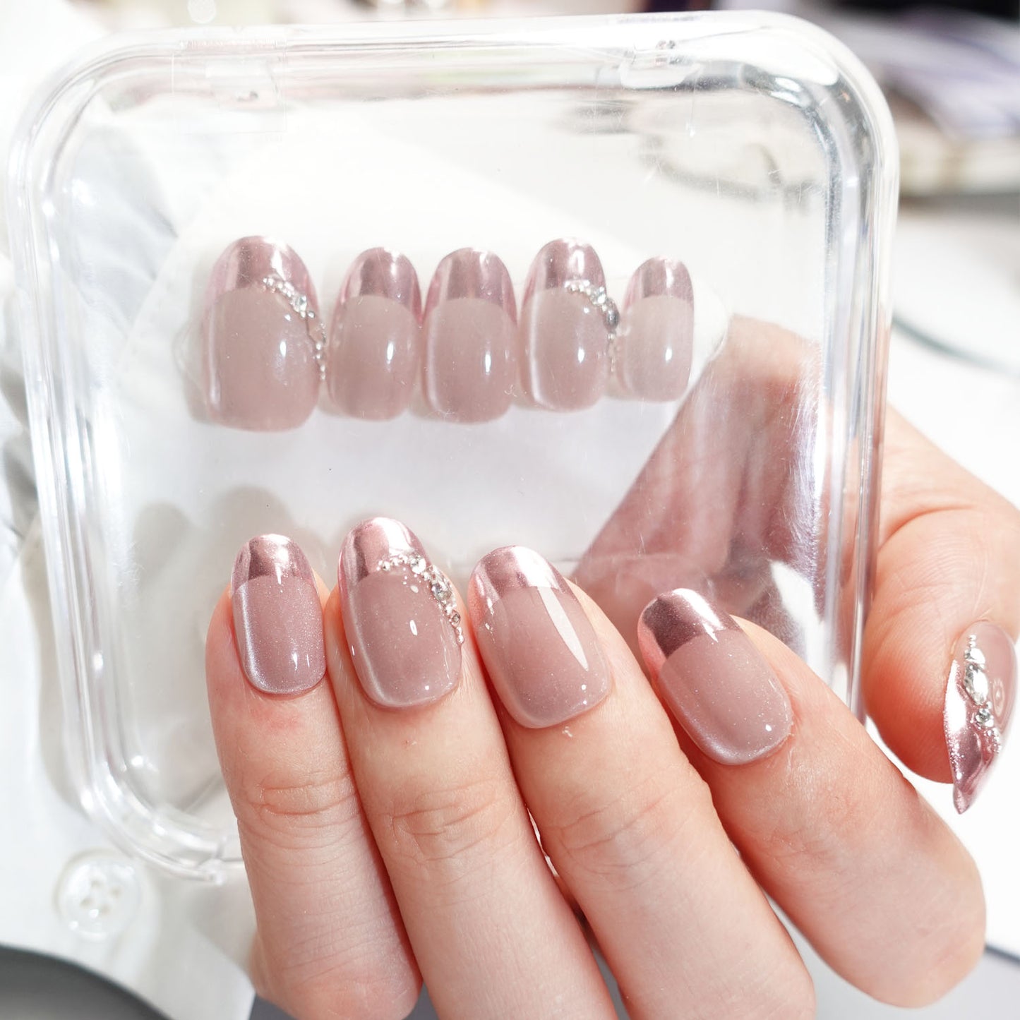 C5 Short Oval Shape Pink Cat Eye Design Press On Nails +tool kit