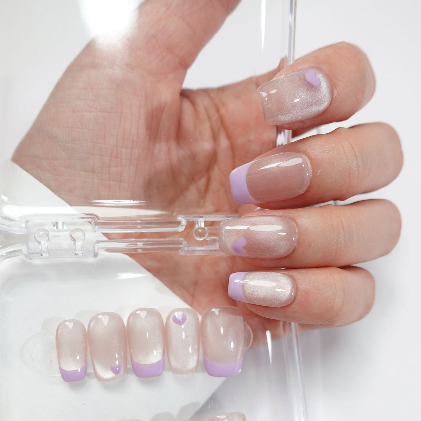 A109 French Style Cat Eye Short Coffin Press on Nails for Women