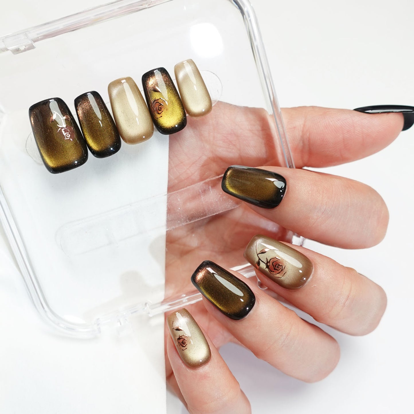 A15 High Class Short Square Flowers Cat Eye Press On Nails