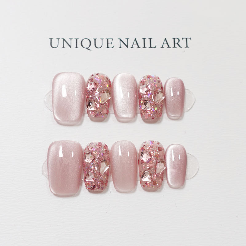 C4 Short Coffin Pink Cat Eye Design Handmade Press On Nails