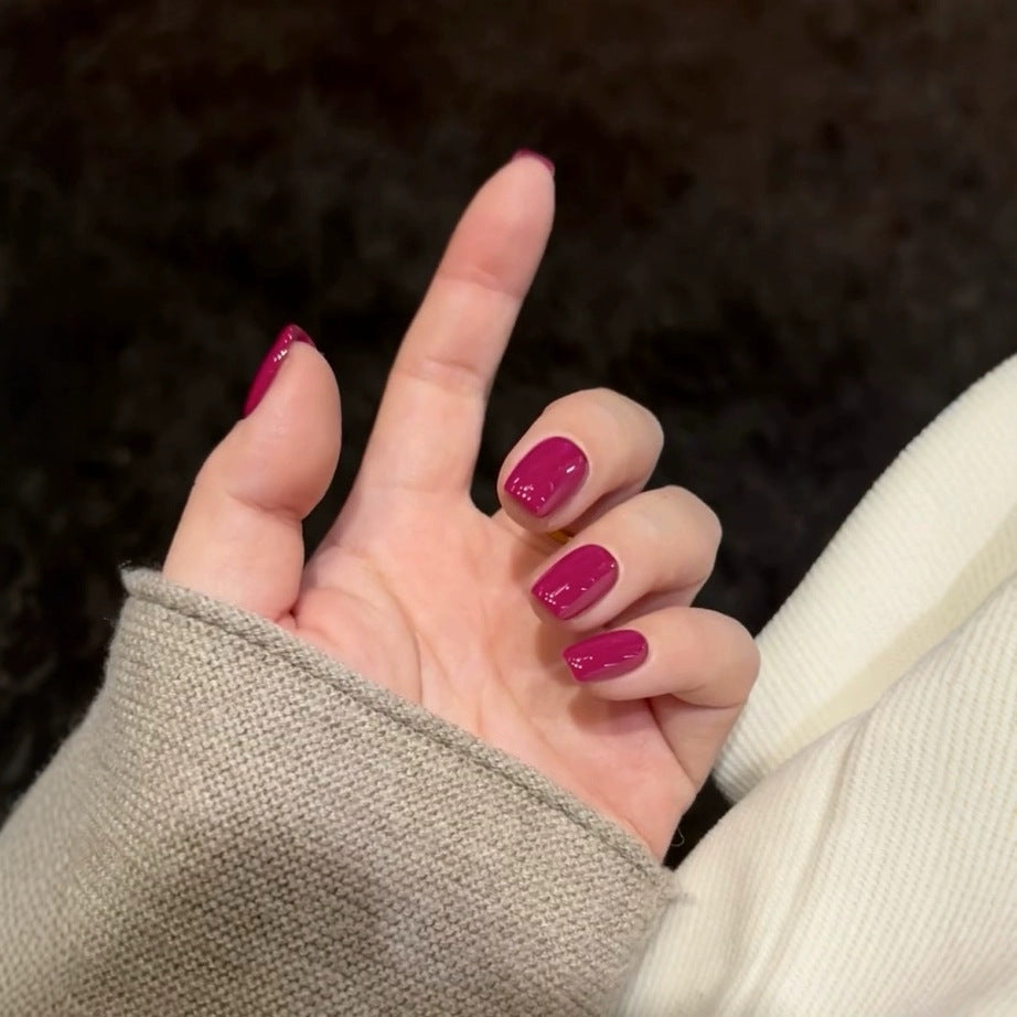 C25 Rose Red Short Coffin Handmade Press on Nails
