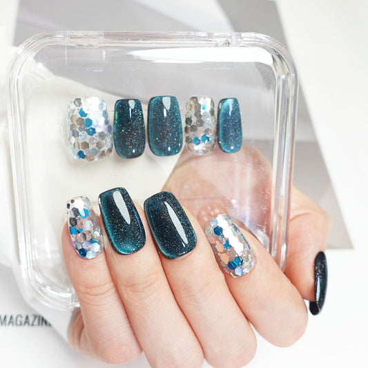 C16 Blue Cat Eye Short Press on Nails