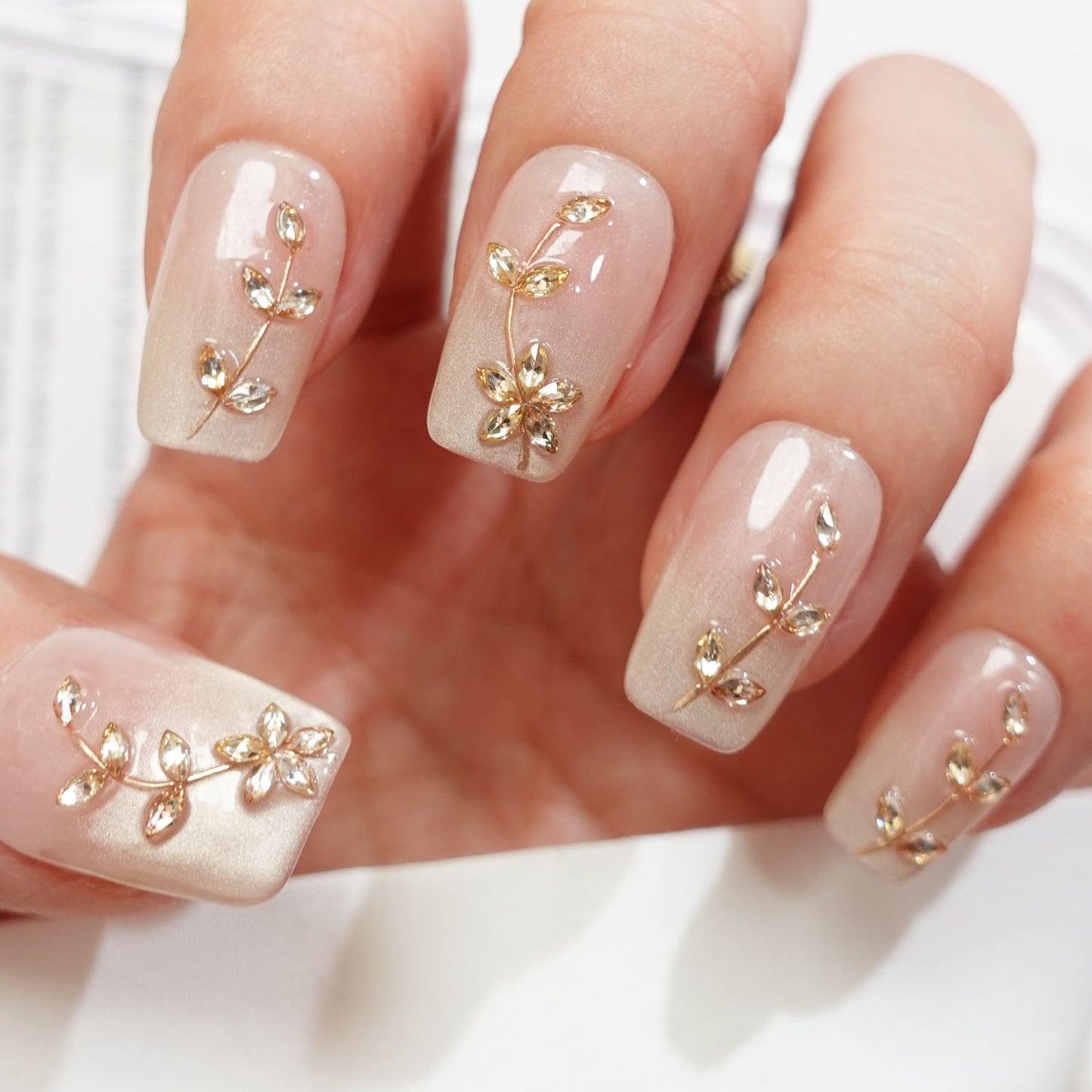 C18 Short Coffin Gem Leaves Press On Nails