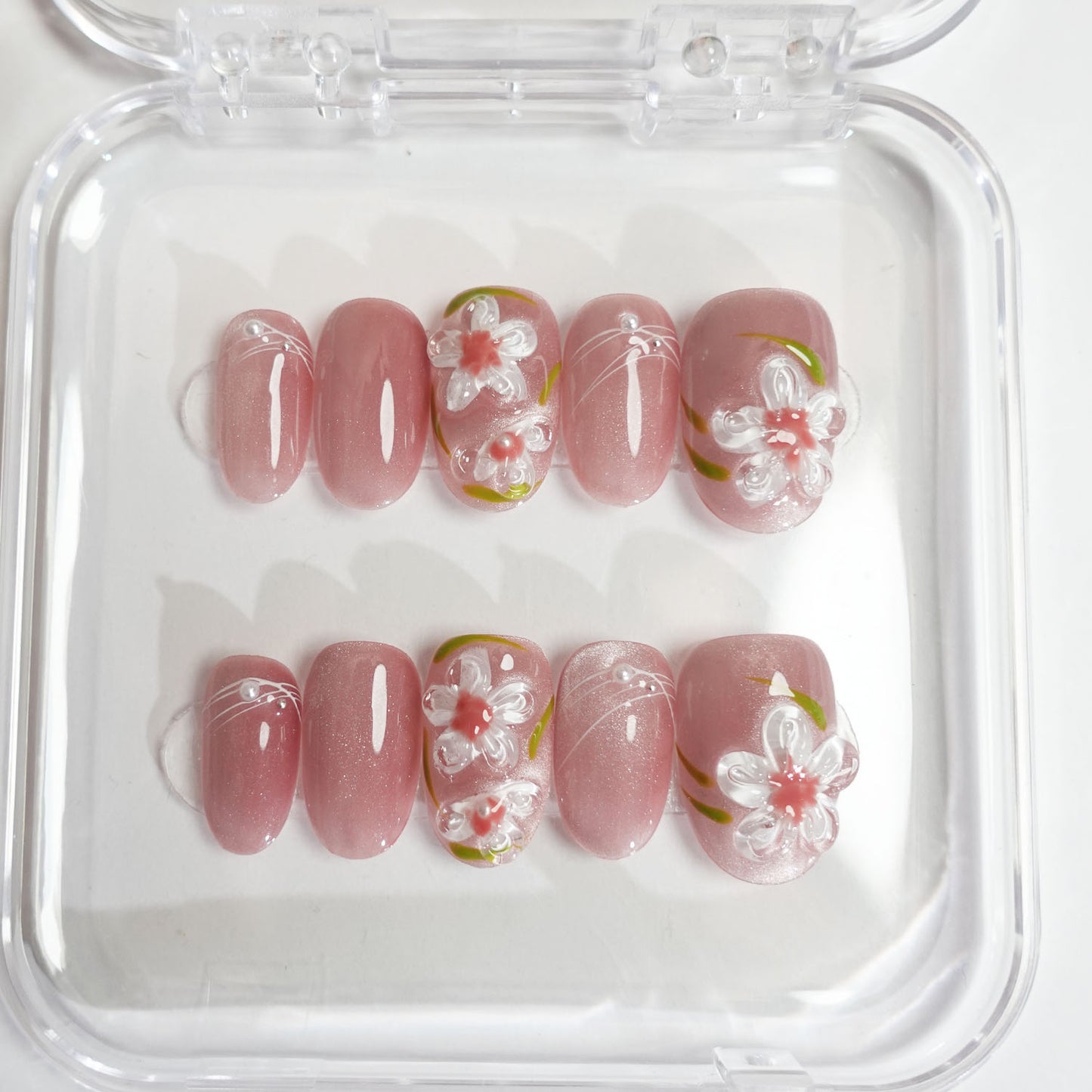 C27 Short Oval Shape 3D Flowers Cat Eye Press on Nails