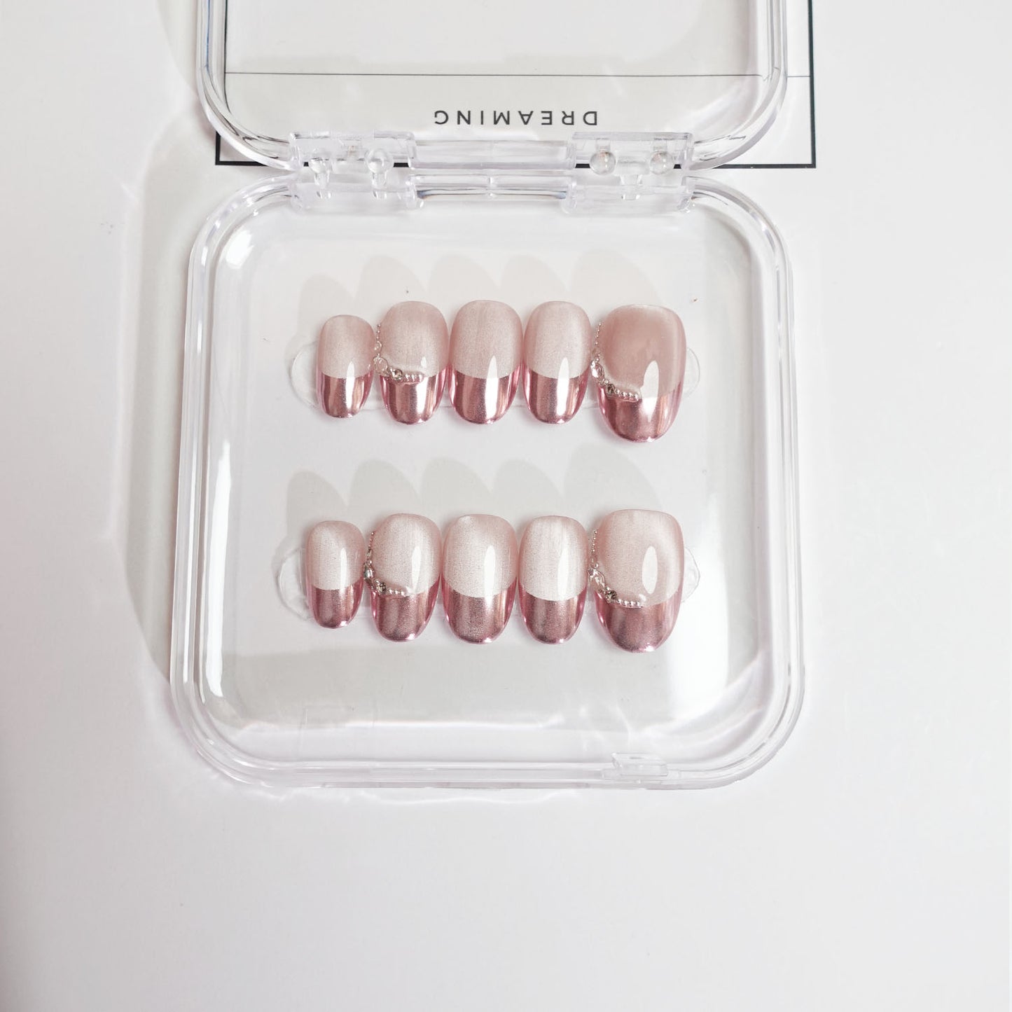 C5 Short Oval Shape Pink Cat Eye Design Press On Nails +tool kit