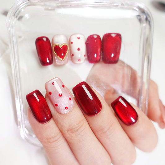 A91 Short Coffin Red Cat Eye Press on Nails for Women