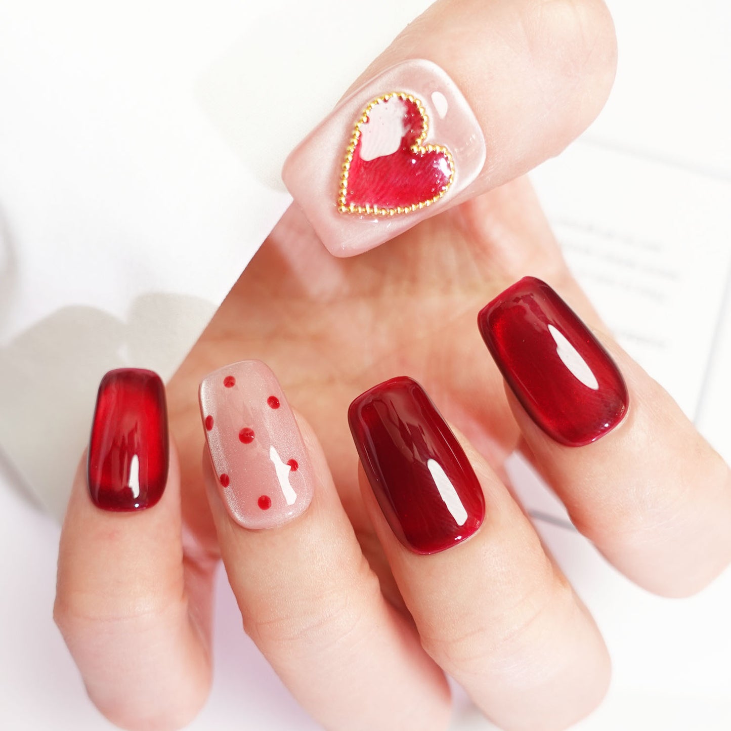 A91 Short Coffin Red Cat Eye Press on Nails for Women