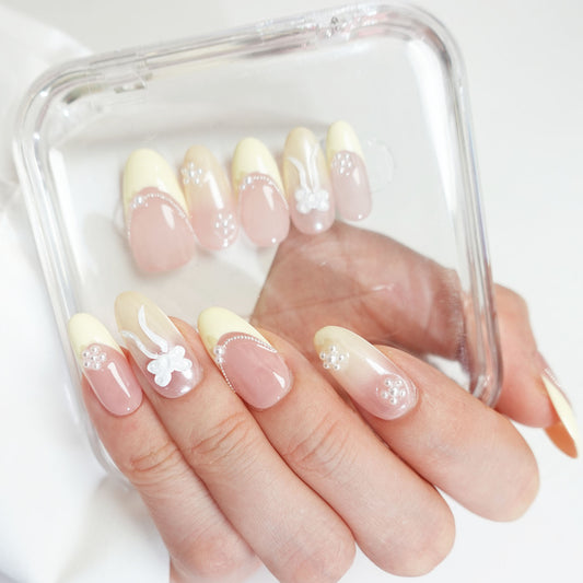 C3 Medium Oval Shape Yellow Pearl Flowers Bow Press On Nails
