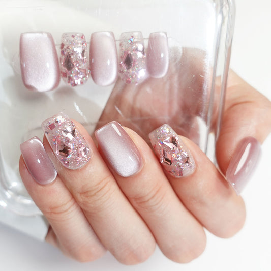 C4 Short Coffin Pink Cat Eye Design Handmade Press On Nails