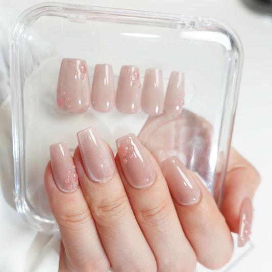 C24 Pink Cat Eye Paws Short Coffin Handmade Press on Nails