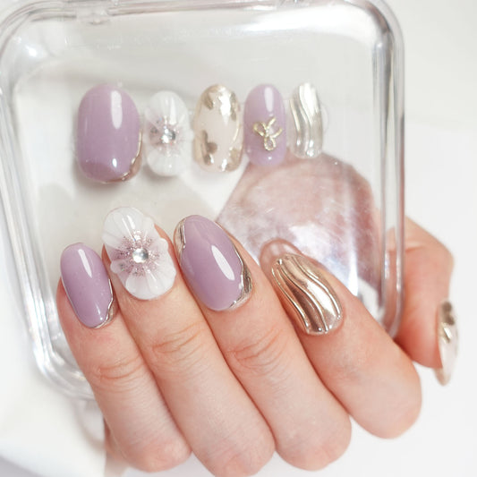 C10 Short Oval Shape Flowers Design Press on Nails+tool kit