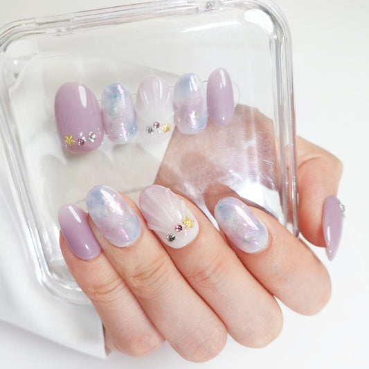 C14 Lovely Short Oval Shape Purple Handmade Press On False Nails