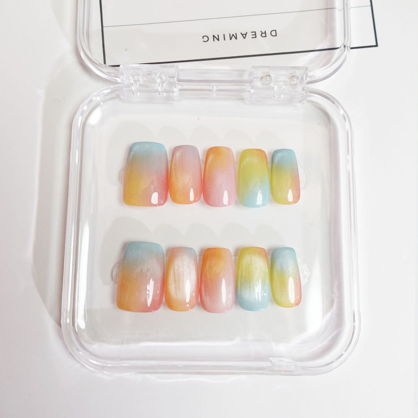 C9 Rainbow Cat Eye Short Coffin Press on Nails +tool kit