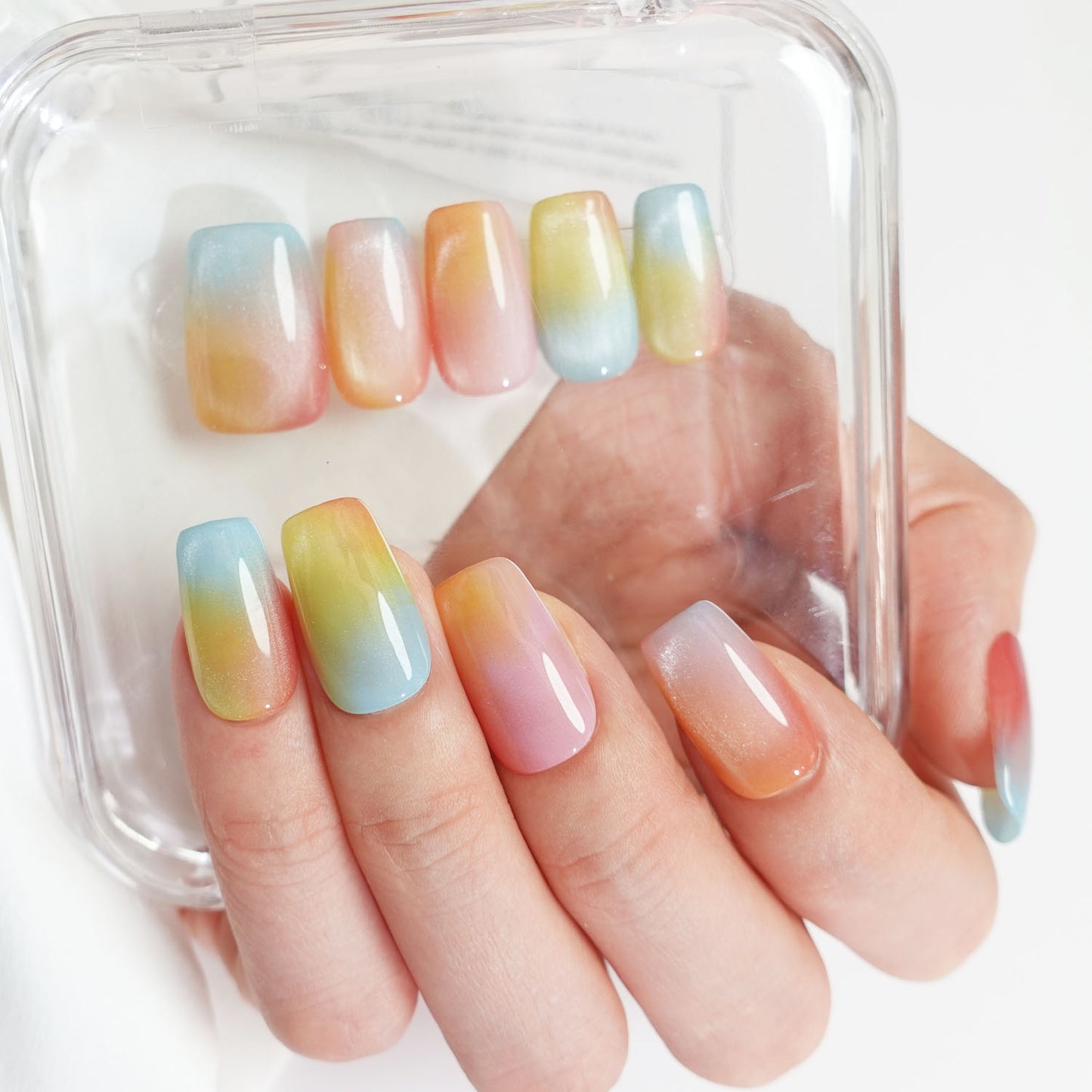 C9 Rainbow Cat Eye Short Coffin Press on Nails +tool kit