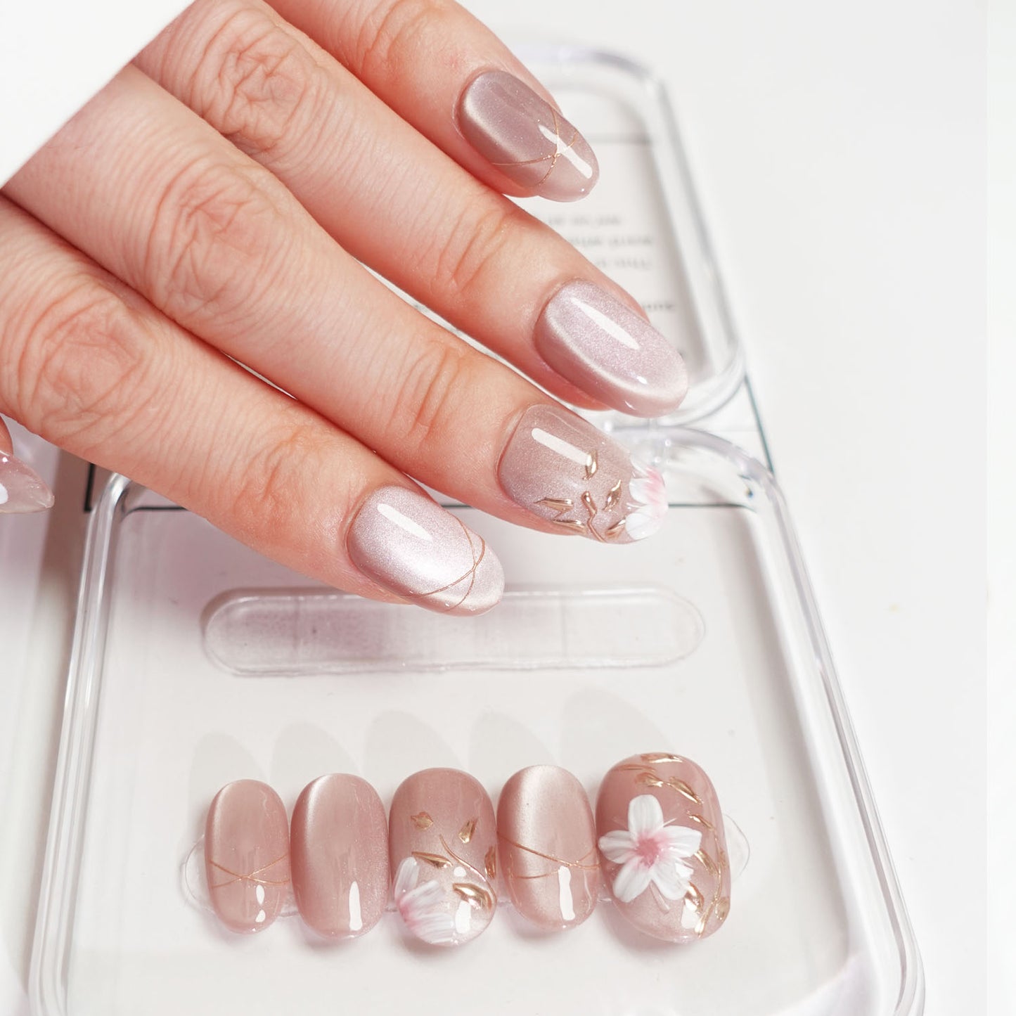 C29 Short Oval Shape Flowers Design Press On False Nails