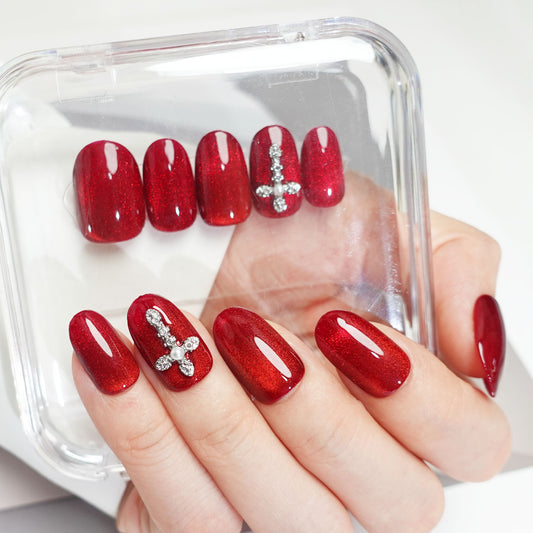 C12 Short Oval Shape Red Cat Eye Cross Press on Nails