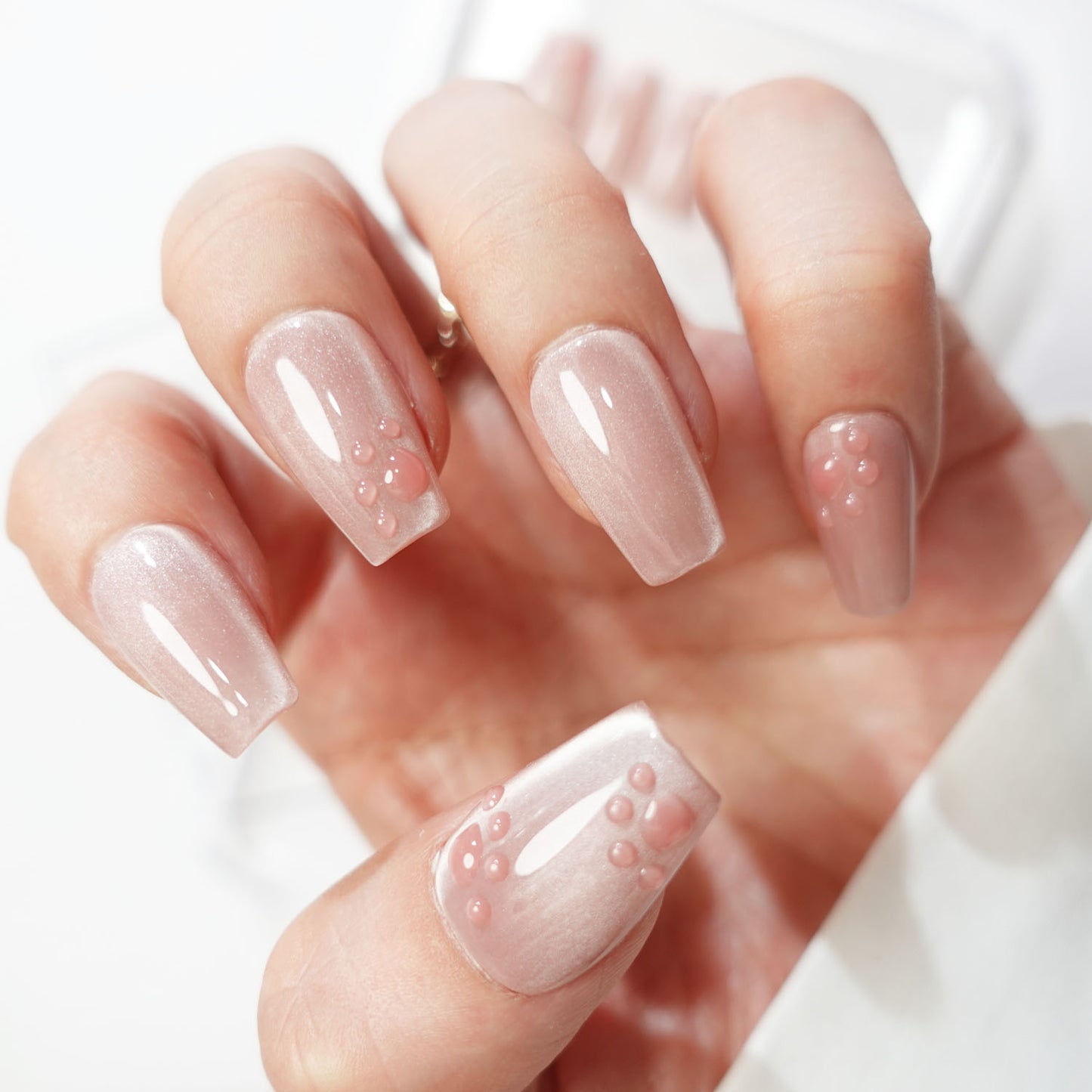 C24 Pink Cat Eye Paws Short Coffin Handmade Press on Nails