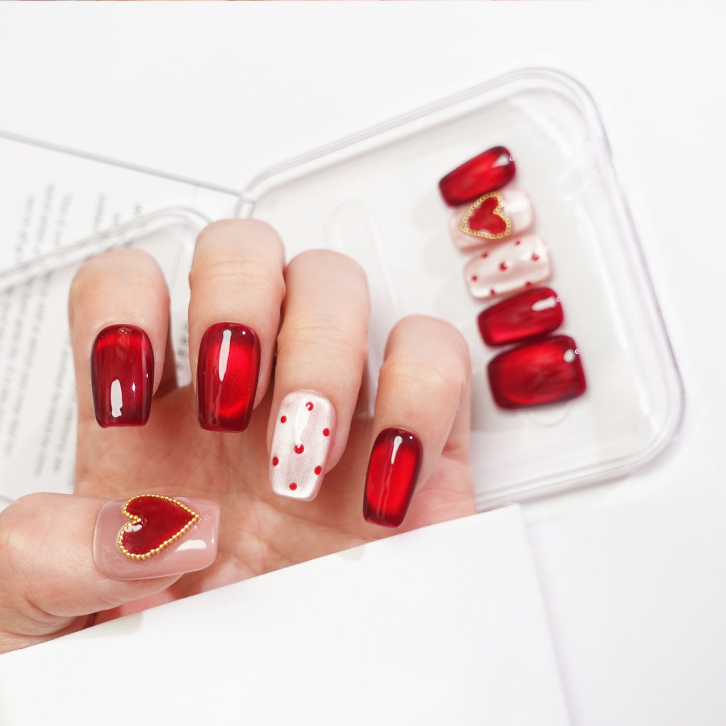 A91 Short Coffin Red Cat Eye Press on Nails for Women