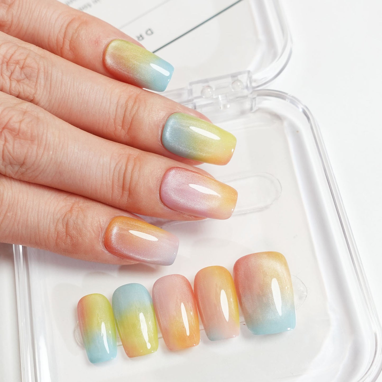 C9 Rainbow Cat Eye Short Coffin Press on Nails +tool kit