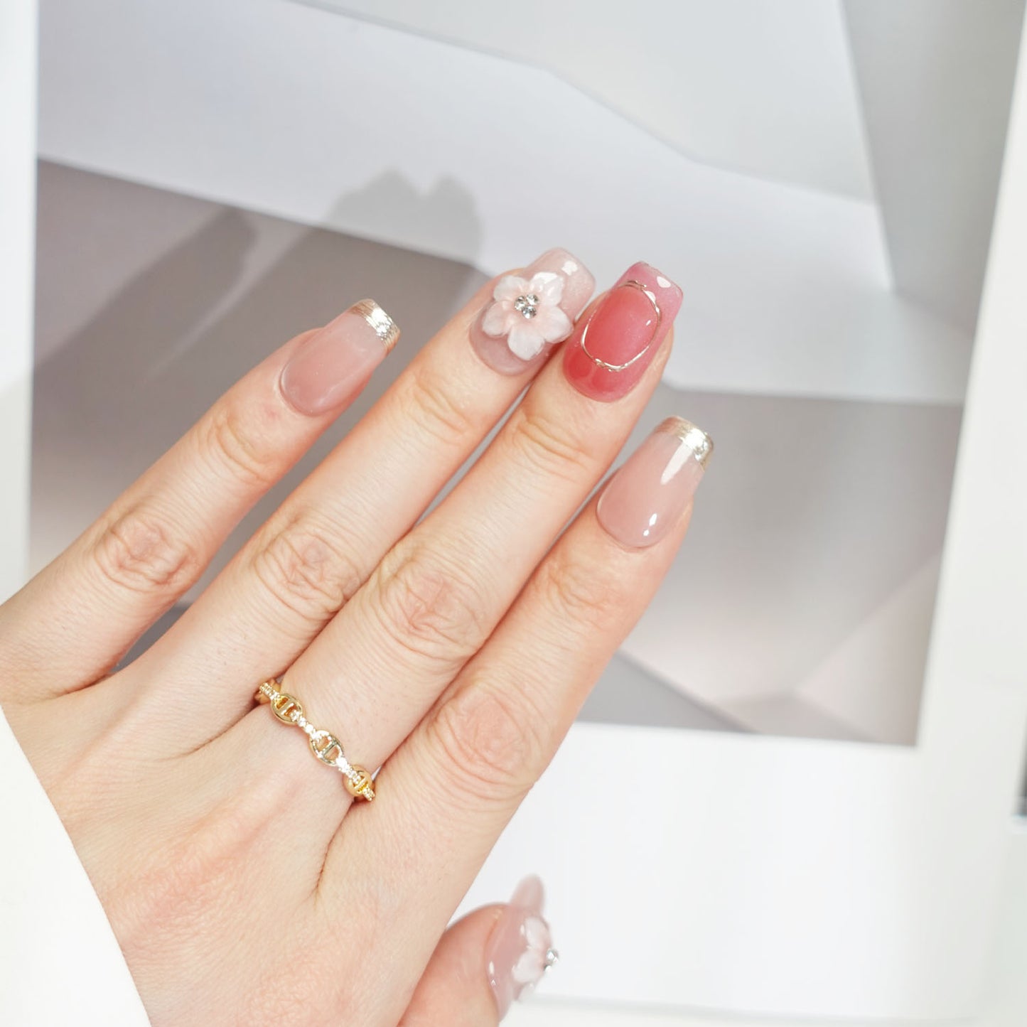 A18 Pink 3D Flowers Cat Eye Short Press On Nails+tool kit