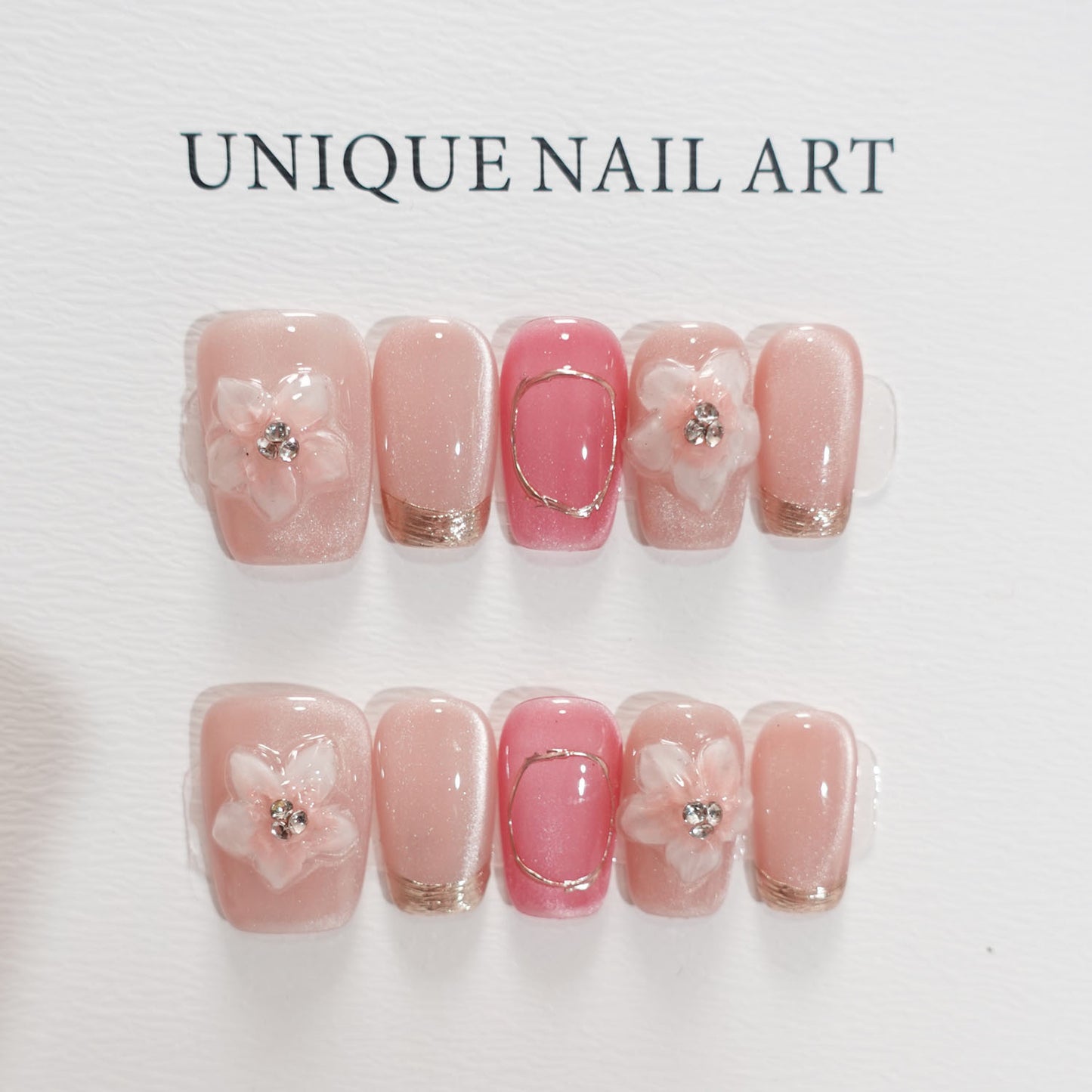 A18 Pink 3D Flowers Cat Eye Short Press On Nails+tool kit