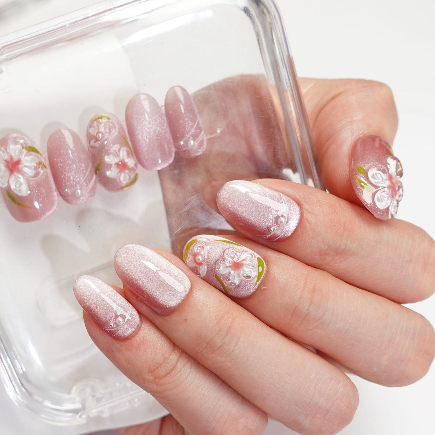 C27 Short Oval Shape 3D Flowers Cat Eye Press on Nails