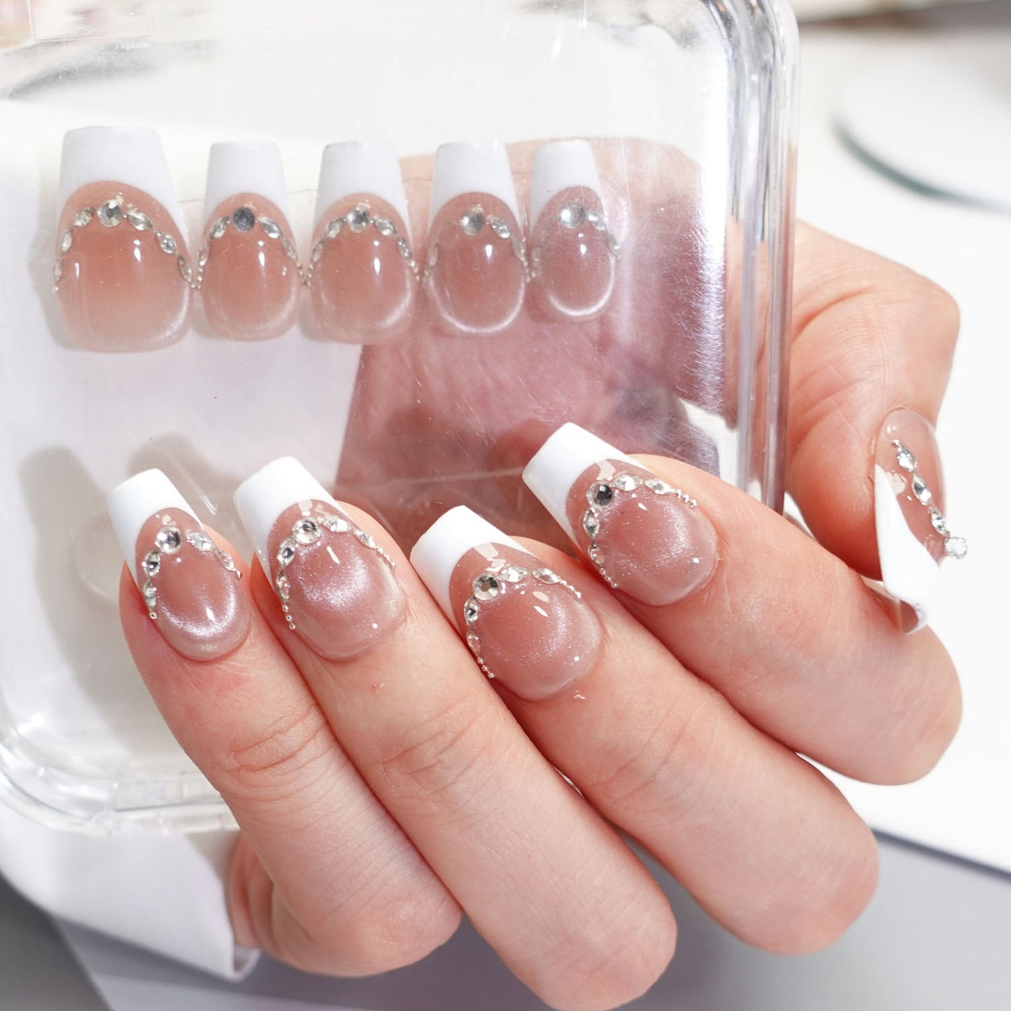 C32 French Style Short Coffin Shape Fake Nails for Women