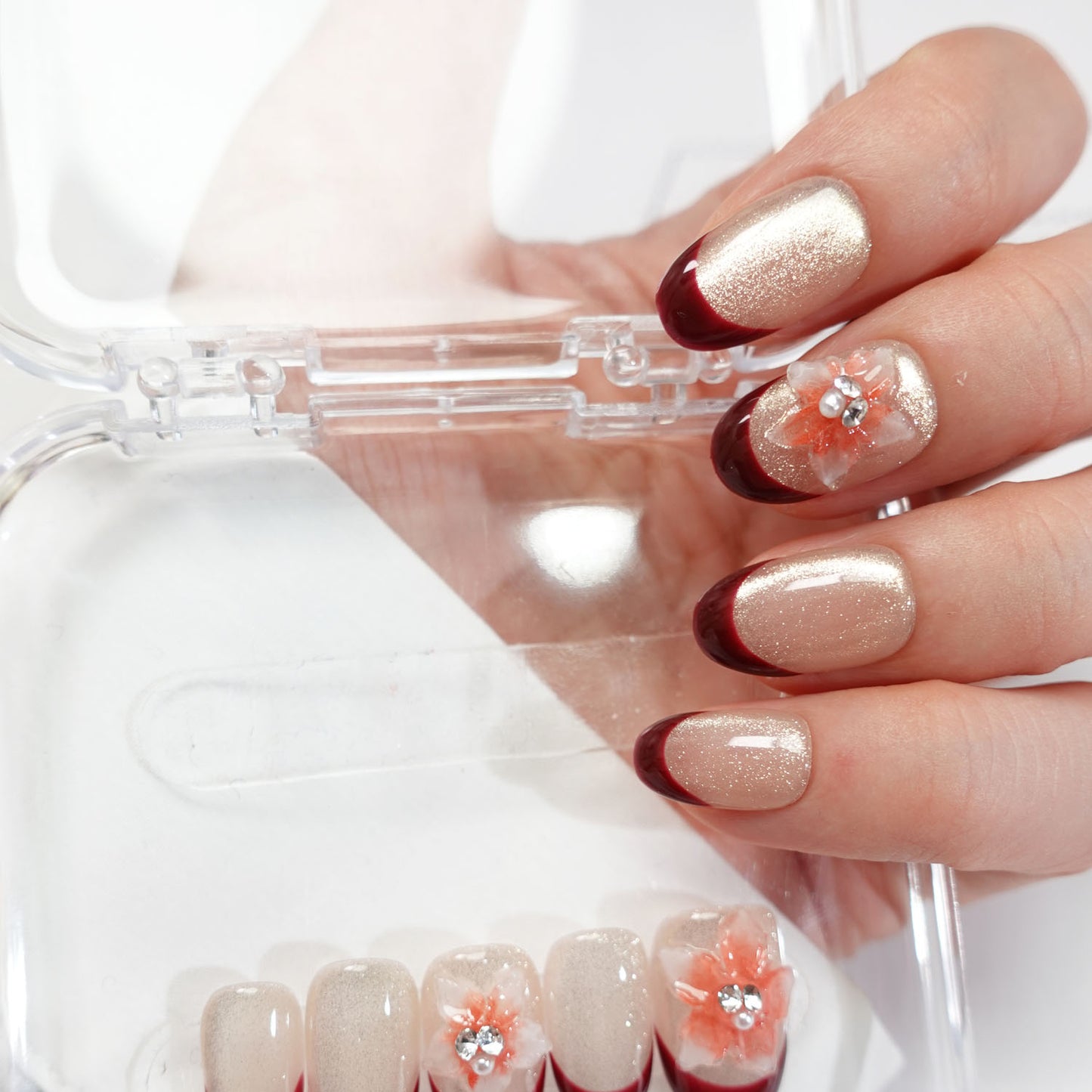 A47 3D Flowers Short Oval Shape French Tips for Women+tool kit