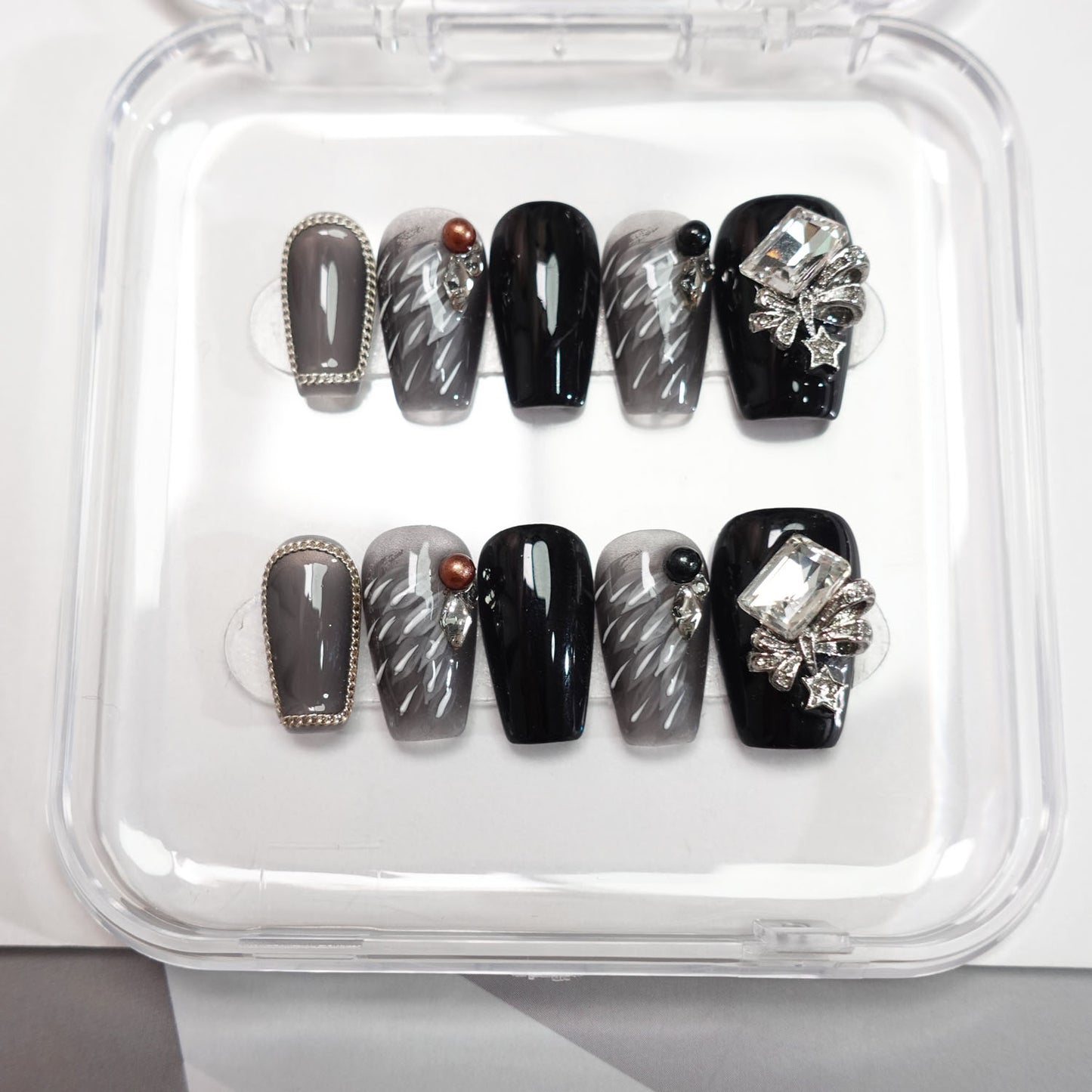 A26 Cool Short Coffin Black Hand Drawn Feather Press on Nails