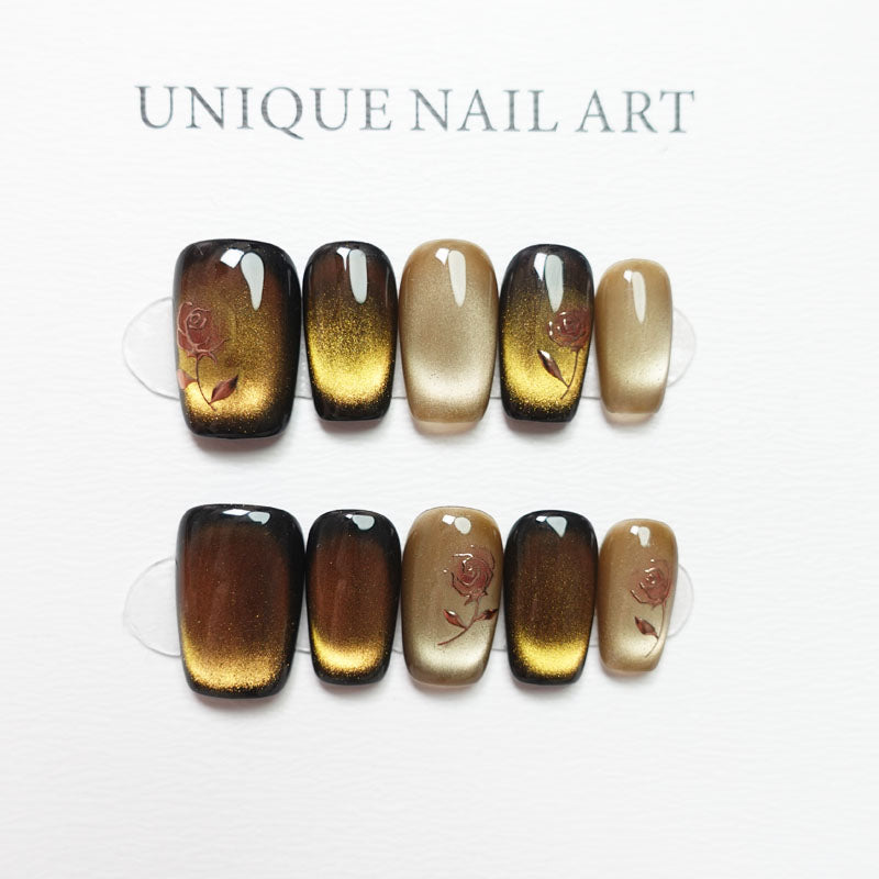 A15 High Class Short Square Flowers Cat Eye Press On Nails