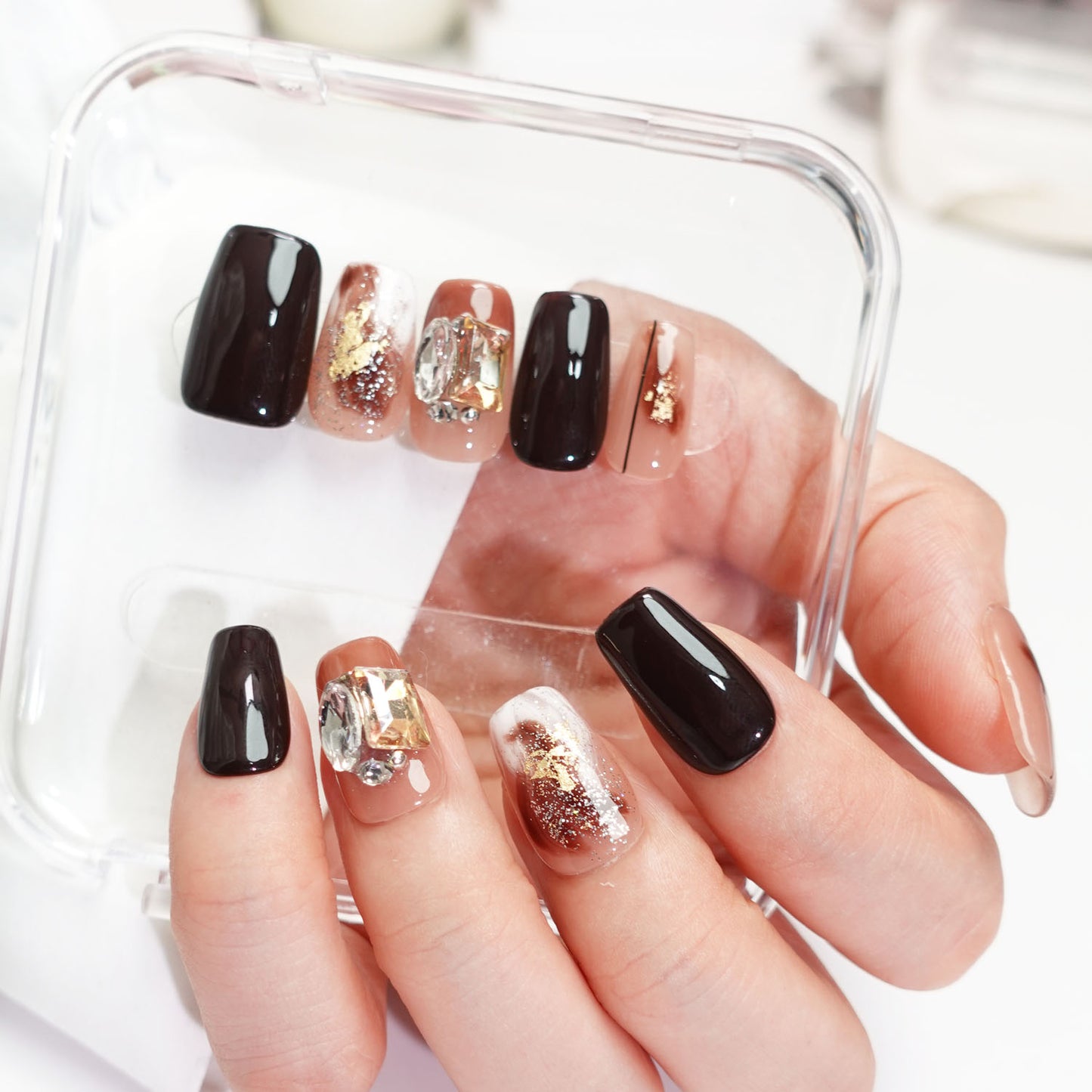 A73 Short Coffin Brown Color Press On Nails+tool kit