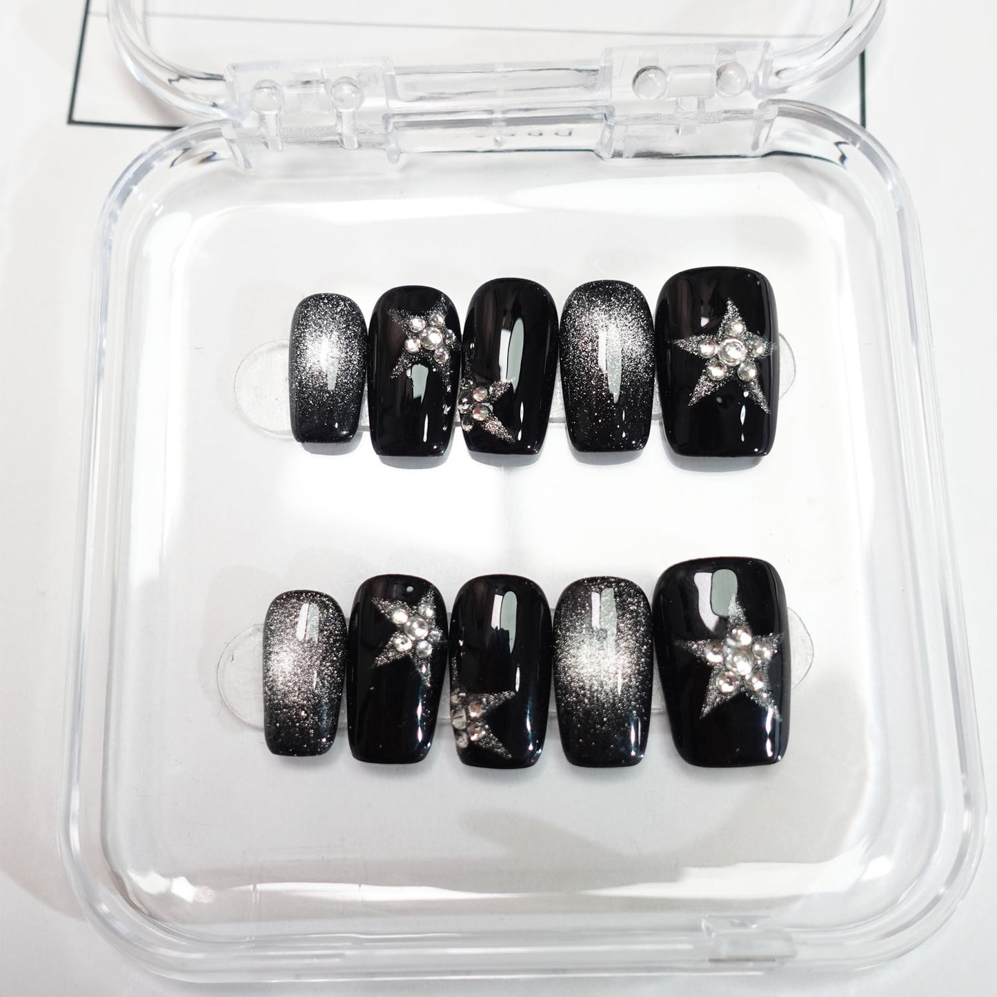 A81 Black Stars Short Coffin Shape Press On Nails+tool kit