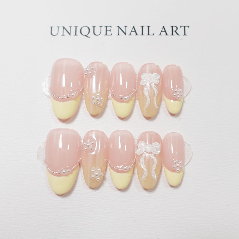 C3 Medium Oval Shape Yellow Pearl Flowers Bow Press On Nails