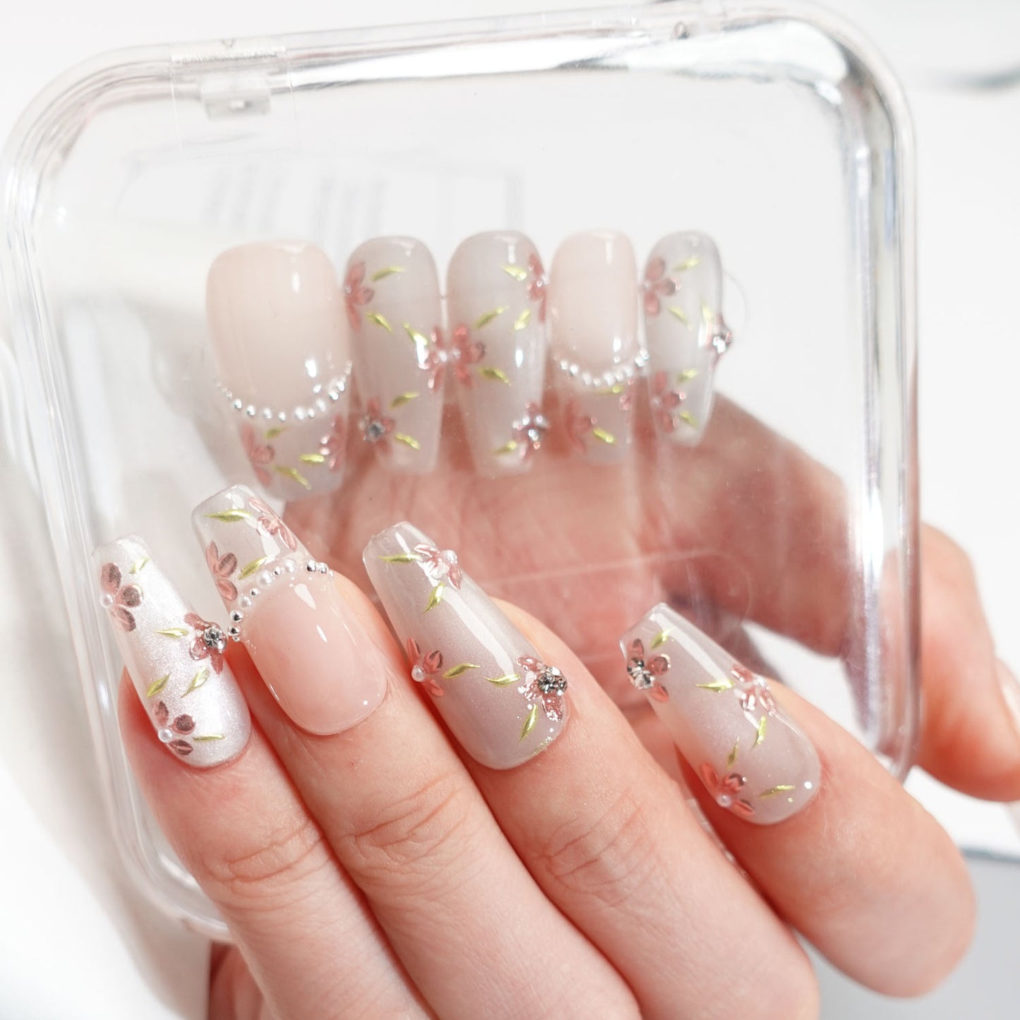 C1 Long Coffin 10PCS Hand Drown Flowers Press On Nails+tool kit