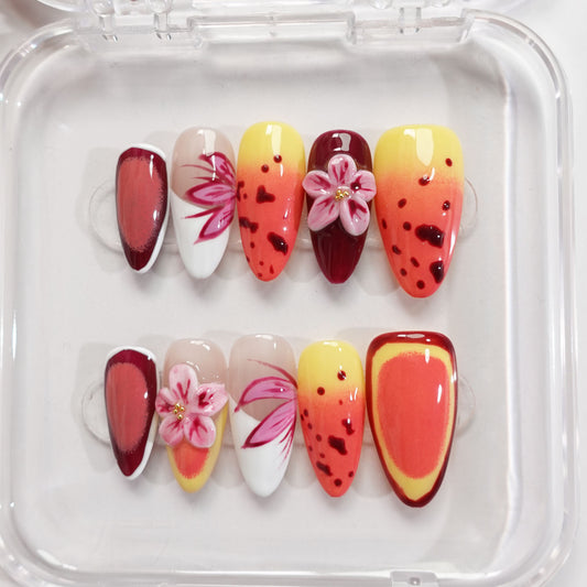 A59 Almond Shape 3D Flowers Press on Nails