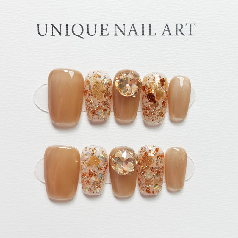 A21 Shiny Short Coffin Gold Cat Eye Press on Nails