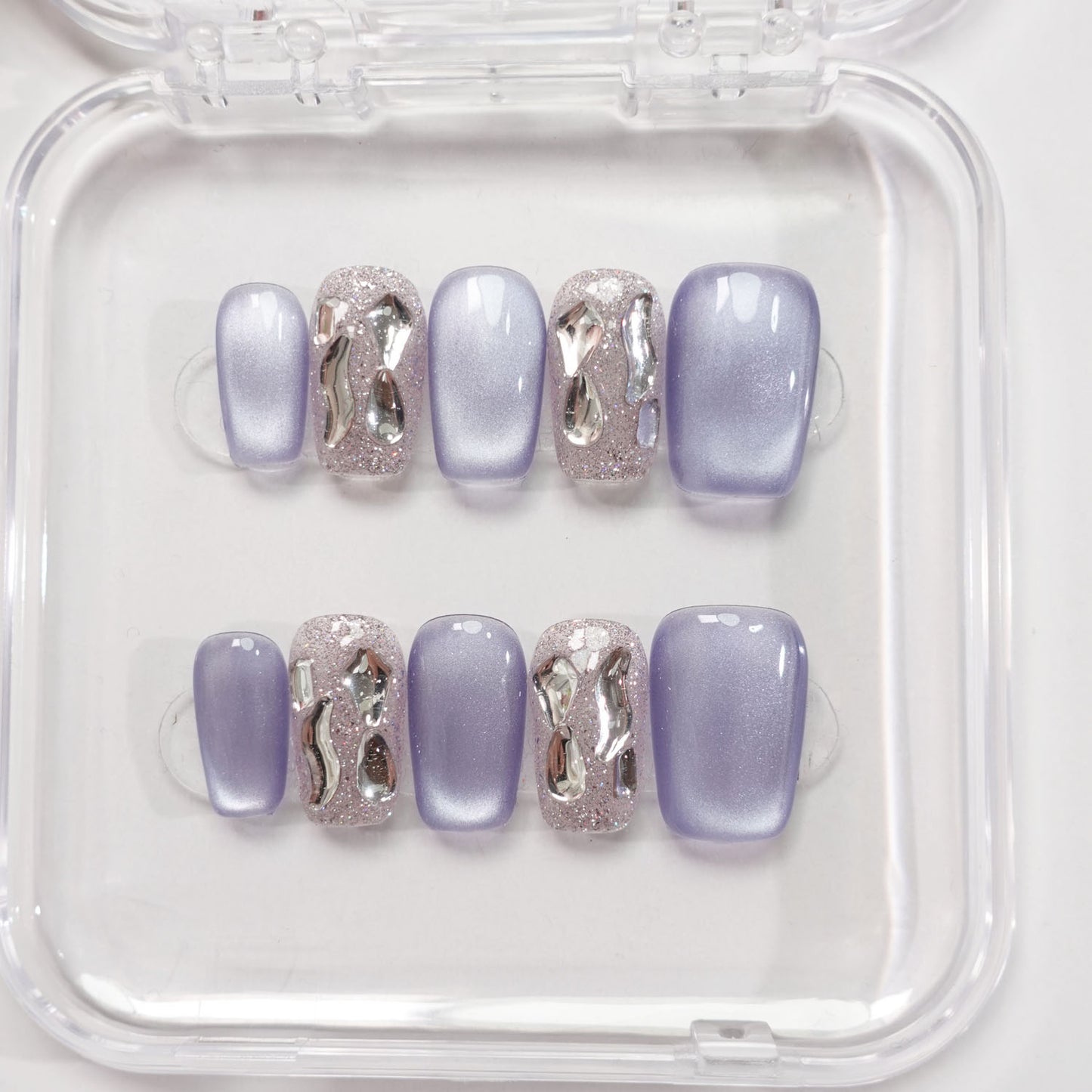 A49 Blue Cat Eyes Short Coffin Press on Nails for Women+tool kit