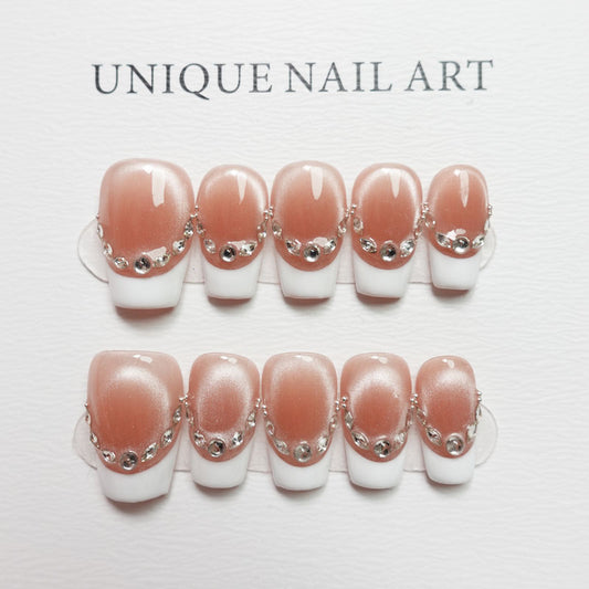 C32 French Style Short Coffin Shape Fake Nails for Women