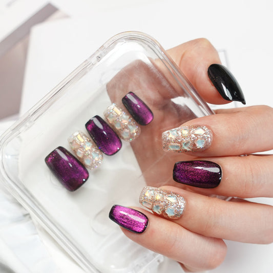 A5 Exquisite Purple Cat Eye Short Coffin False Nails for Women+Application Kit