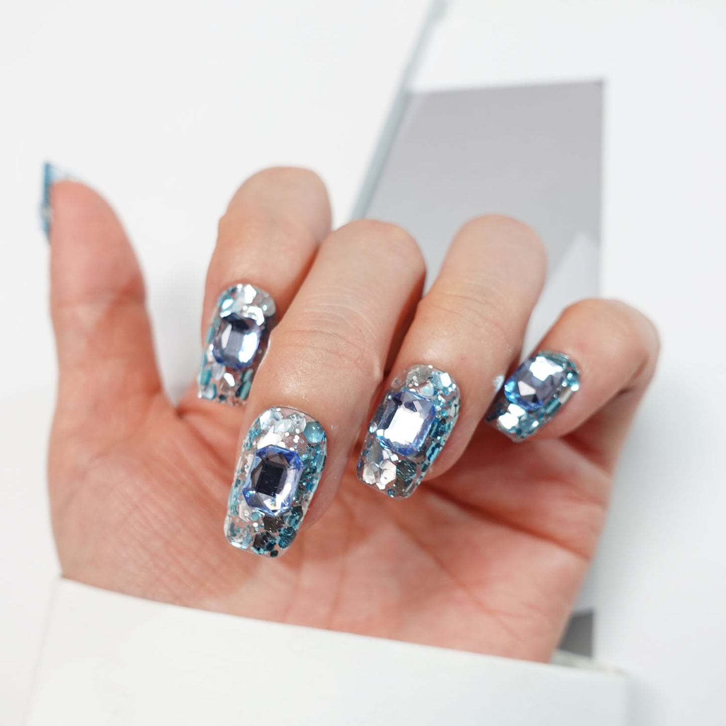 A37 Shiny Short Coffin Blue Color Press on Nails