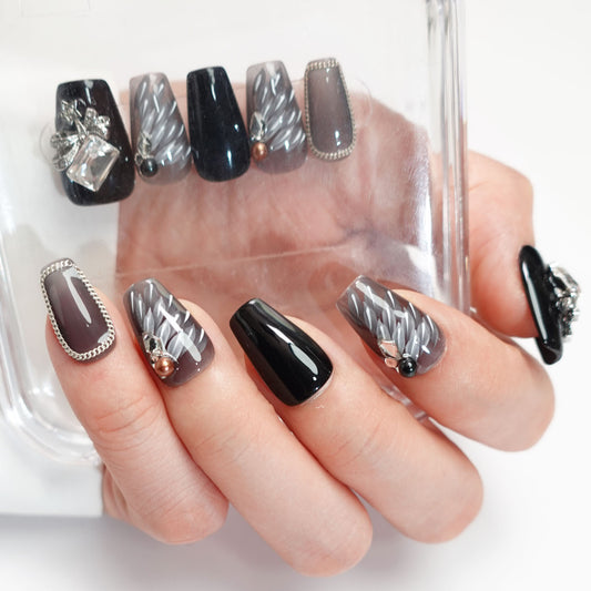 A26 Cool Short Coffin Black Hand Drawn Feather Press on Nails