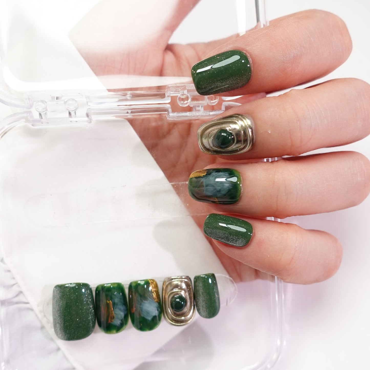 A79 Super Short Emerald Green Press on Nails+tool kit
