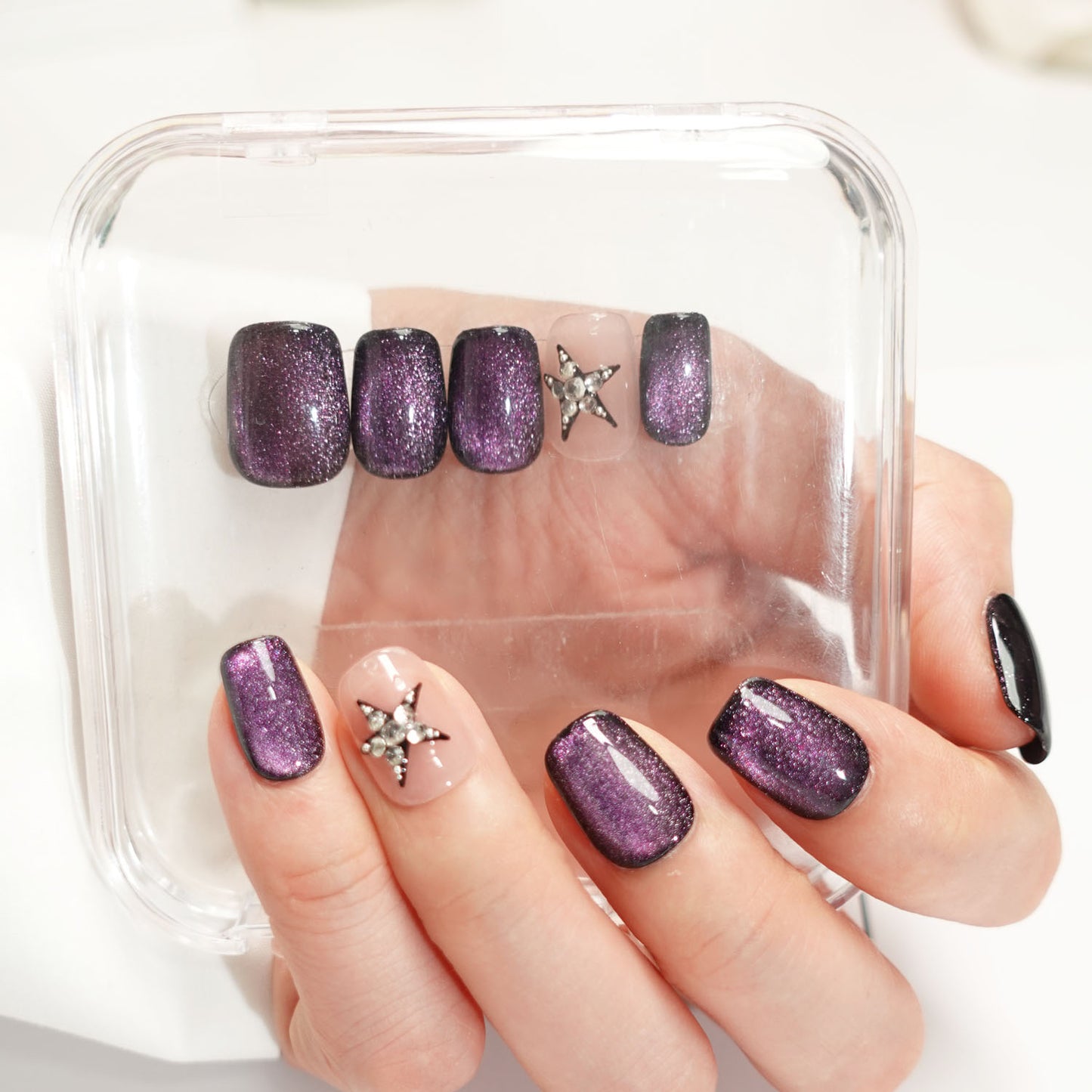 A32 Super Short Purple Cat Eye Press on Nails+tool kit