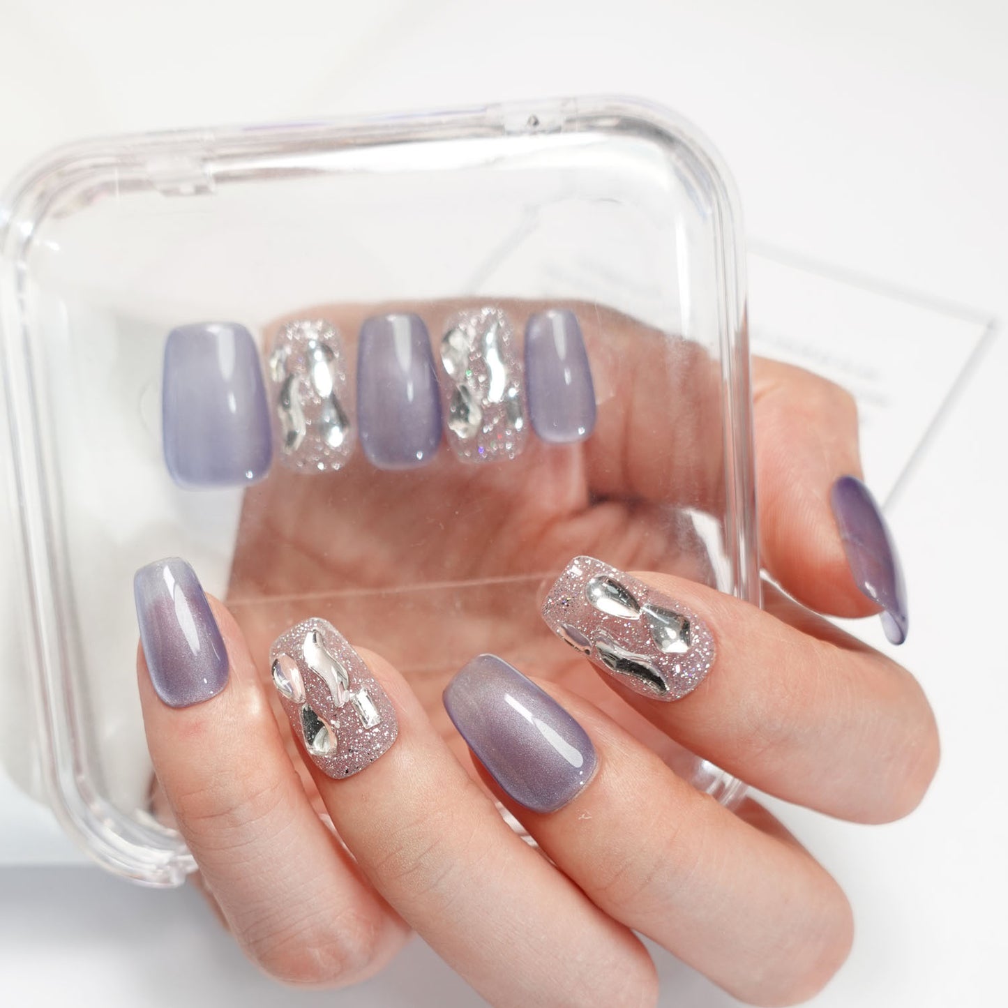 A49 Blue Cat Eyes Short Coffin Press on Nails for Women+tool kit