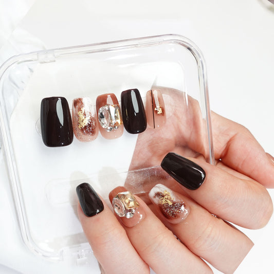 A73 Short Coffin Brown Color Press On Nails+tool kit